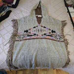 Hooded Poncho with Fringe